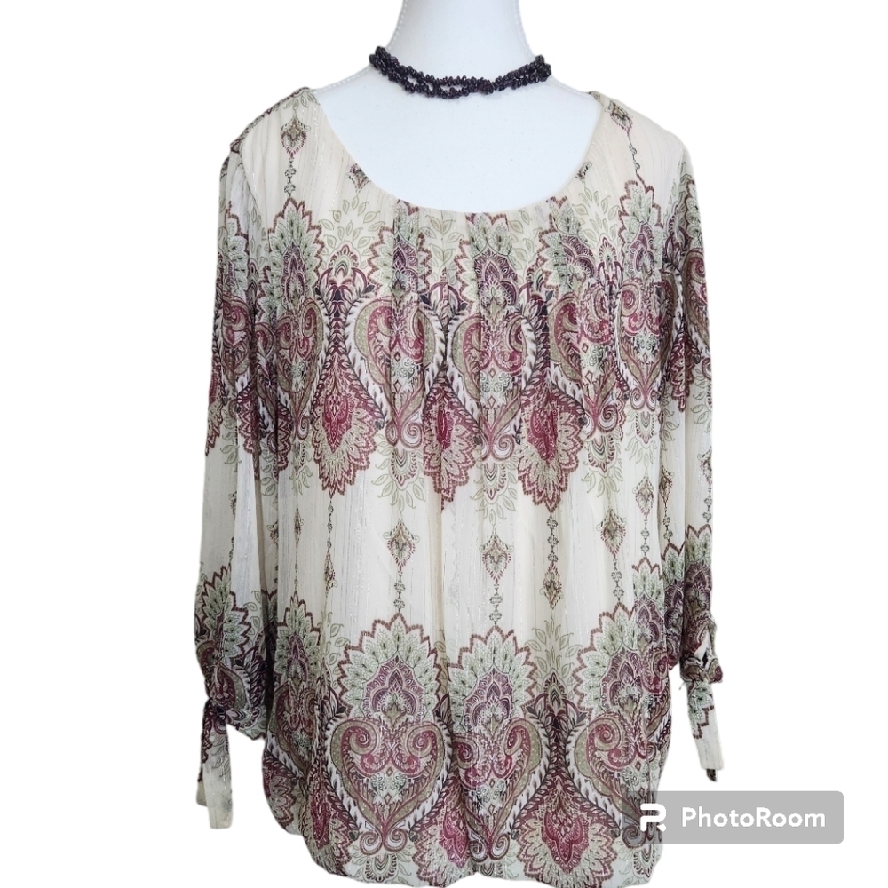 Westport cream floral multi lined pullover women top size L